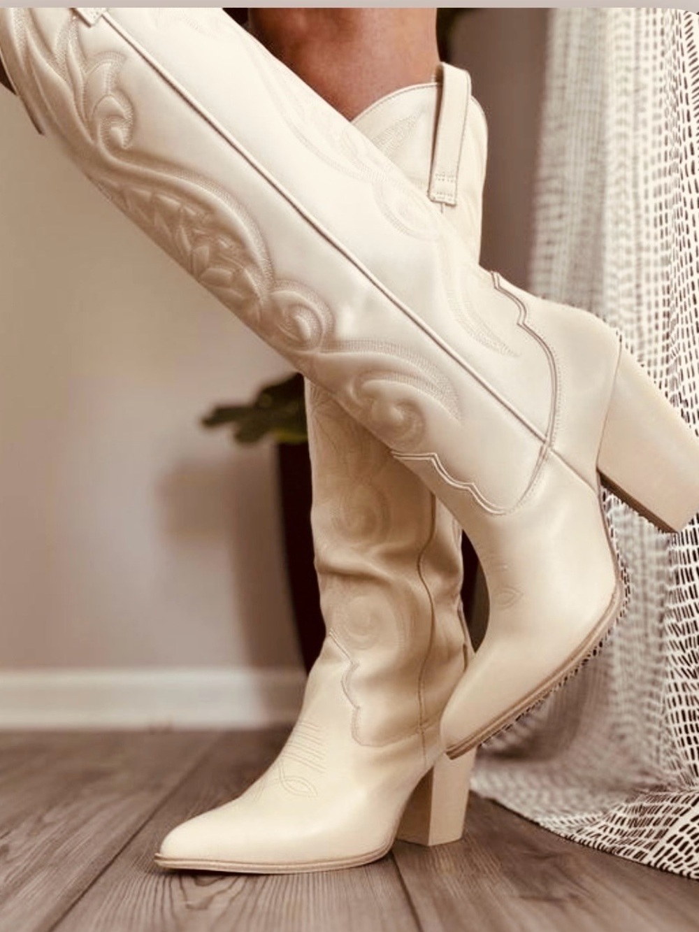 Steve Madden Cream Knee-High Western Boots with Block Heel - Picture 2 of 16